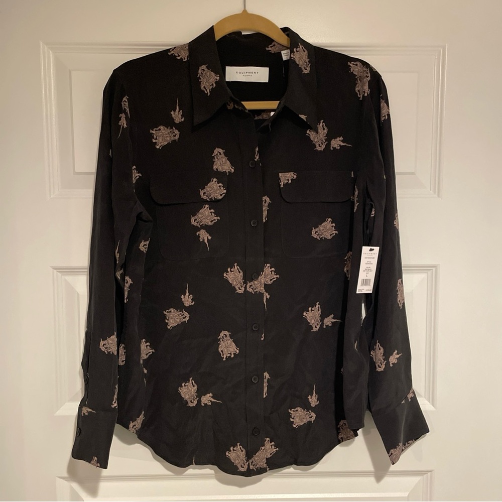 NWT Equipment Femme Slim Signature 100% Silk Button Blouse Shirt Black sz Large